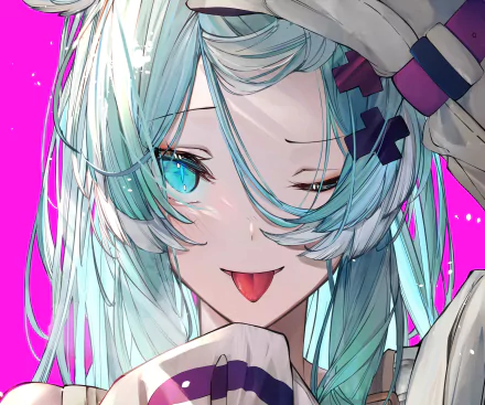 Elira Pendora (Nijisanji) anime Virtual Youtuber close-up — teal hair, winking with tongue out against vivid pink; HD PC desktop wallpaper and background.