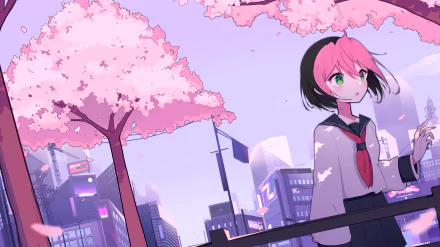 HD PC desktop wallpaper featuring an anime-style character and cherry blossom trees, inspired by the video game Osu! with vibrant cityscape elements.