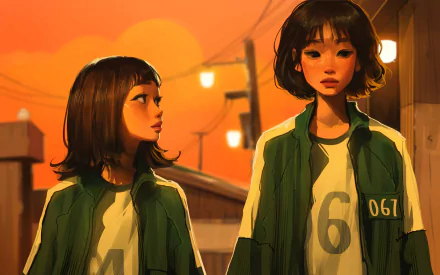 HD PC desktop wallpaper featuring Kang Sae-byeok and Ji-Yeong from the TV show Squid Game against a warm, orange-toned background at dusk.