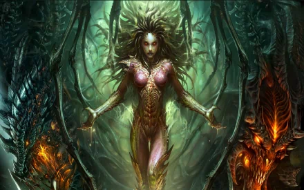 HD desktop wallpaper featuring a collage of Sarah Kerrigan as the Queen of Blades from the video game Starcraft, with an intricate, dark backdrop.