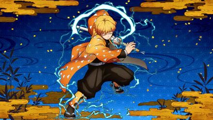 Vibrant HD PC desktop wallpaper of Zenitsu Agatsuma from the video game Demon Slayer — The Hinokami Chronicles, crouched and ready with crackling blue lightning.