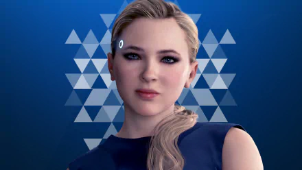 HD PC desktop wallpaper featuring a close-up of an android character from the video game Detroit: Become Human against a geometric blue background.
