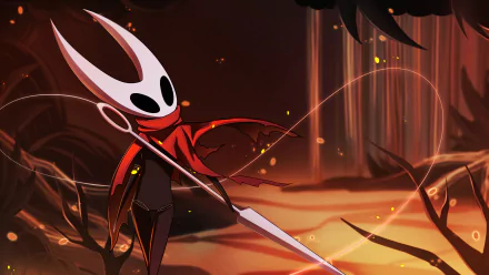 4K Ultra HD Hollow Knight video game wallpaper featuring the main character wielding a spear in a dark, fiery cavern setting.