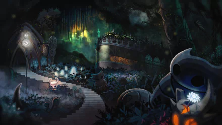 HD desktop wallpaper and background image of Hollow Knight video game features a detailed, atmospheric scene with a character exploring a dark, mystical forest illuminated by vibrant green and yellow lights.