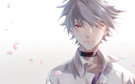 HD PC desktop wallpaper of Kaworu Nagisa (Neon Genesis Evangelion): soft-lit portrait with silver hair, red eyes, open white shirt and drifting cherry blossom petals.
