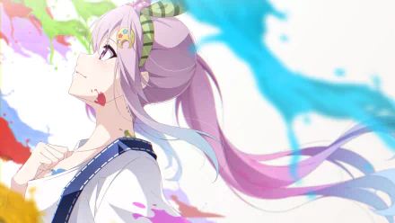 HD desktop wallpaper featuring Airani Iofifteen, a vibrant anime-style Virtual YouTuber from hololive, with flowing pink hair against a bright, colorful background.