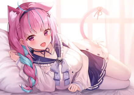 HD PC desktop wallpaper/background of hololive Virtual YouTuber Minato Aqua — pink-and-teal braided hair, cat ears, sailor outfit, reclining in warm sunlight (anime).