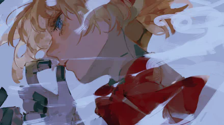 Close-up painted HD PC desktop wallpaper of Aigis from Persona 3, side profile with mechanical hand, blue eye and red bow, soft brushstrokes and cool, muted tones.