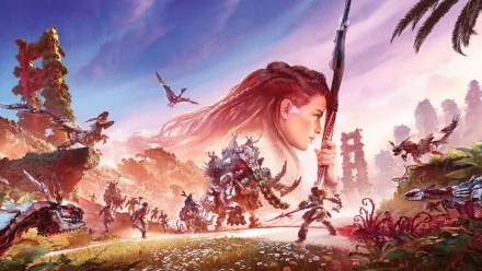 Aloy from Horizon Forbidden West stands ready with her spear amid a vibrant, futuristic landscape, featuring robotic creatures and lush scenery in this 4K Ultra HD PC wallpaper.