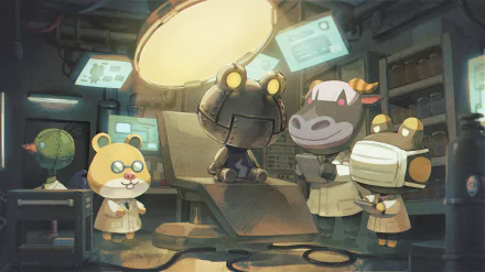 HD PC desktop wallpaper featuring Animal Crossing characters Rodeo, Raddle, Sprocket, Graham, and Ribbot in a detailed, dimly lit lab setting.