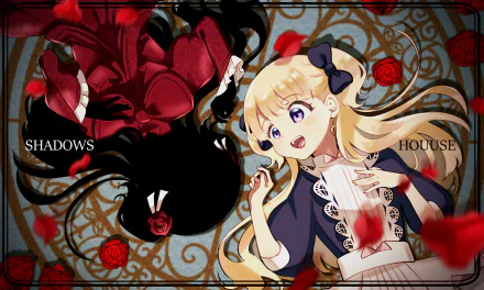 HD anime desktop wallpaper of Kate and Emilico from Shadows House: blonde Emilico smiling beside her dark, shadowy counterpart, surrounded by red roses and ornate filigree.