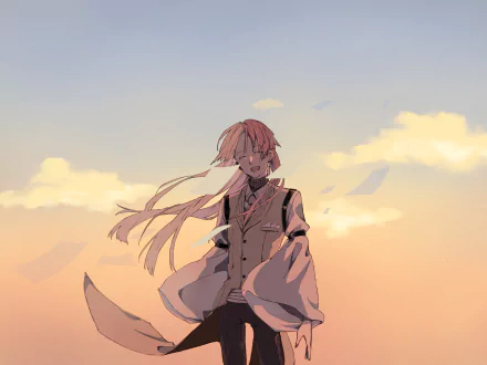 Sigma (Bungou Stray Dogs) anime character with pink hair and flowing scarf against a pastel sunset — HD PC desktop wallpaper and background.