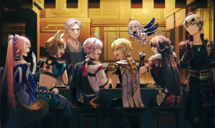 HD PC desktop wallpaper featuring Thoma, Sangonomiya Kokomi, Paimon, Kaedehara Kazuha, Gorou, Beidou, and Aether from the video game Genshin Impact.
