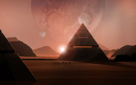 Sci-fi desert landscape with glowing pyramids under a large planet and moons in a 4K Ultra HD desktop wallpaper.