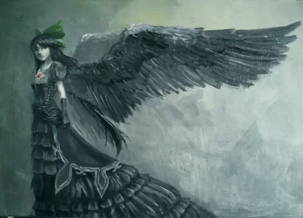 A stunning HD anime wallpaper featuring Utsuho Reiuji with long black hair and majestic wings, showcasing her powerful and enigmatic presence against a muted background.