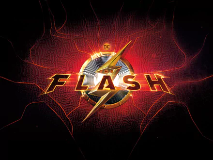 DC Comics logo for the movie The Flash (2023) featuring a dynamic design with a striking lightning bolt against a vibrant red background, presented as a 4K Ultra HD desktop wallpaper.