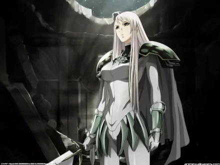 HD PC desktop wallpaper of a Claymore anime warrior: silver‑haired, armored woman holding a sword in a dim, ruined hall background.