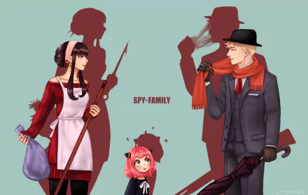 HD desktop wallpaper featuring Yor Forger, Loid Forger, and Anya Forger from the anime Spy x Family. The background showcases shadows of their secret identities, adding intrigue to the family dynamic.