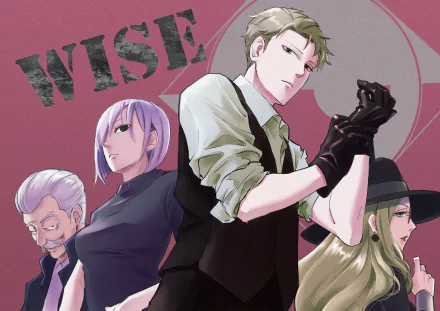 4K Ultra HD Spy x Family wallpaper featuring Sylvia Sherwood, Loid Forger, and Fiona Frost in dynamic poses against a muted red background with the word WISE.