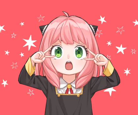 HD desktop wallpaper featuring Anya Forger from Spy x Family, with pink hair and green eyes, making a fun expression against a red starry background.