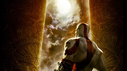 A powerful scene from God of War III featuring Kratos, backlit by a dramatic sky and gold pillars, serves as an engaging HD PC desktop wallpaper and background.