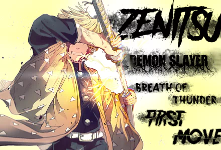 HD anime desktop wallpaper featuring Zenitsu from Demon Slayer: Kimetsu no Yaiba, showcasing his Breath of Thunder technique in dynamic action.