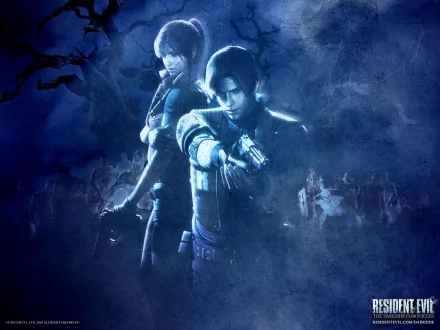 HD desktop wallpaper featuring Leon S. Kennedy and Claire Redfield from Resident Evil: The Darkside Chronicles, showcasing an intense, dark atmosphere with a blue color scheme.