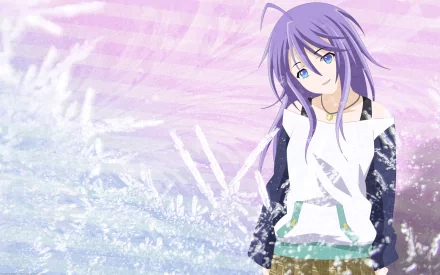 HD desktop wallpaper featuring Mizore Shirayuki from Rosario + Vampire. She stands against a soft, icy background with her characteristic purple hair and a casual outfit.