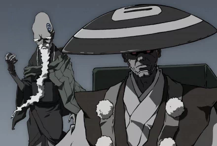 HD PC desktop wallpaper featuring two intense characters from the anime Afro Samurai, one wearing a large hat and the other with a long white beard.