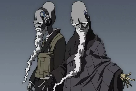 Anime Afro Samurai HD PC desktop wallpaper: two cloaked, helmeted figures with long white beards and headphones against a muted gray background.
