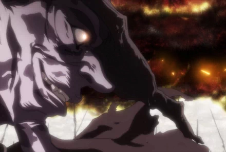 Anime HD PC desktop wallpaper and background featuring Afro Samurai: close-up of a twisted pale creature's face with a glowing eye against a fiery, smoky red-black sky.