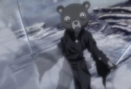 Kuma (Afro Samurai) anime: bear-masked warrior in dark robe wielding twin swords amid snowy ruins — HD PC desktop wallpaper background.