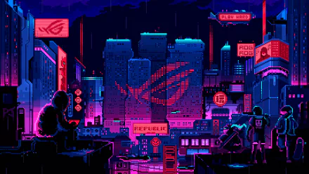 Pixel art 4K Ultra HD wallpaper showcasing a neon-lit cityscape with prominent Asus ROG branding and futuristic technology elements.