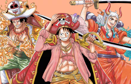 HD anime wallpaper featuring Monkey D. Luffy, Portgas D. Ace, and Yamato from One Piece: Two Years Later, showcasing dynamic poses and vibrant colors.