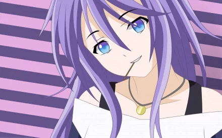 Mizore Shirayuki from Rosario + Vampire appears in a vibrant HD desktop wallpaper, showcasing her signature purple hair and playful expression against bold striped background.