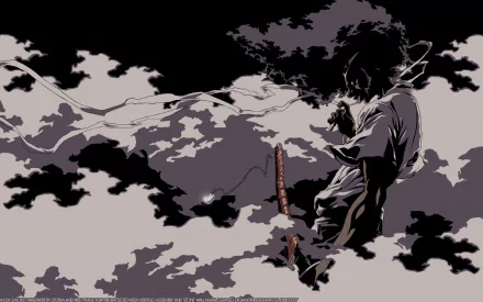 HD PC desktop wallpaper featuring Afro Samurai in a striking anime style with dark clouds and lightning surrounding the character.