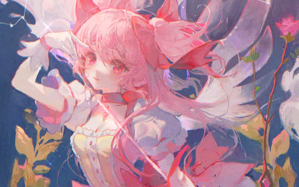 HD PC desktop wallpaper featuring Madoka Kaname from the anime Puella Magi Madoka Magica surrounded by ethereal colors and floral elements.