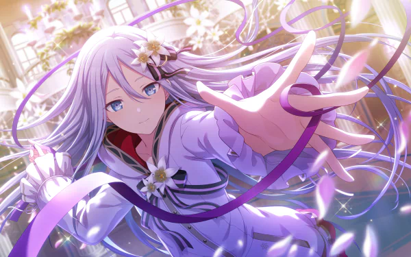 Yoisaki Kanade from video game Project Sekai: Colorful Stage! feat. Hatsune Miku, reaching out amid flowing ribbons, white flowers and sparkling light — HD PC desktop wallpaper.