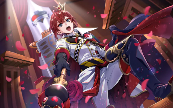 HD PC desktop wallpaper and background of Riddle Rosehearts from the video game Twisted Wonderland, posing triumphant with crown, roses and falling petals.