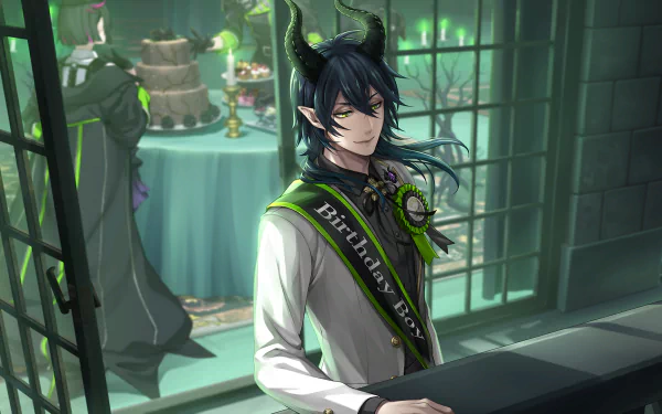 HD PC desktop wallpaper of Lilia Vanrouge from the video game Twisted Wonderland — horned, dark-haired musician in a birthday sash and rosette, leaning on a piano before a green-lit gothic party scene.