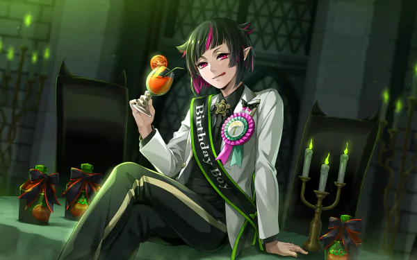 HD PC desktop wallpaper/background of Lilia Vanrouge from the video game Twisted Wonderland: reclining in a gothic throne room with a birthday sash, ribbon, candlelight, and an apple.