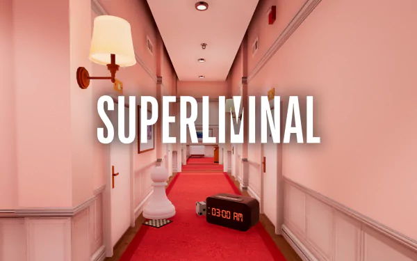 Superliminal HD desktop wallpaper featuring a surreal hotel hallway with oversized objects and the game's title displayed prominently.