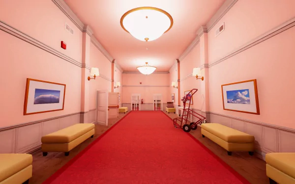 HD desktop wallpaper featuring a Superliminal game hallway with red carpet, art on walls, and a wheeled cart.