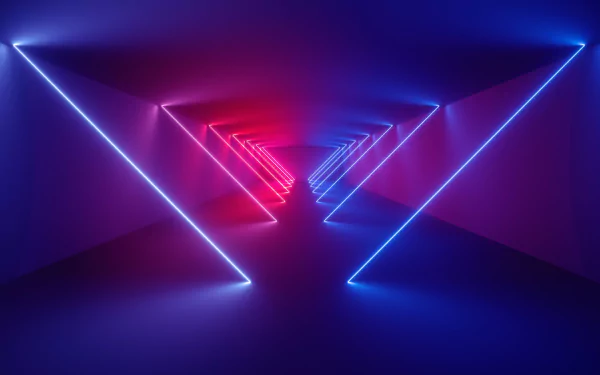 An artistic HD desktop wallpaper featuring a tunnel of neon triangles in blue and pink hues, creating a captivating geometric pattern that draws the eye forward through the vibrant colors.