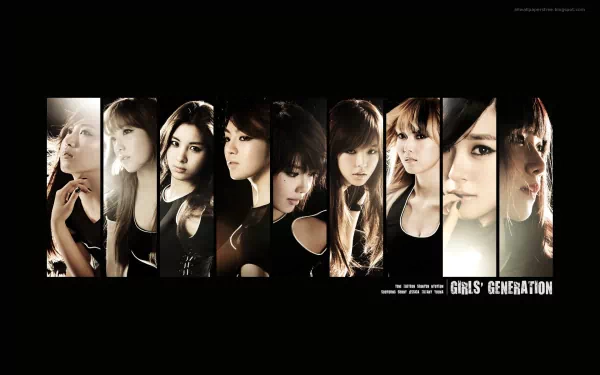 HD PC desktop wallpaper of a K-pop girl group: nine women in black outfits arranged in vertical panels on a dark background, music promotional-style image.
