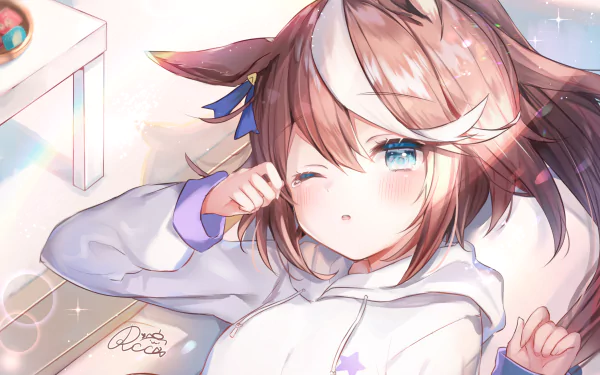 Tokai Teio (Uma Musume: Pretty Derby) close-up winking and rubbing a sleepy eye, wearing a white hoodie with star detail in a pastel sparkly bedroom — 2K Quad HD PC desktop wallpaper/background.