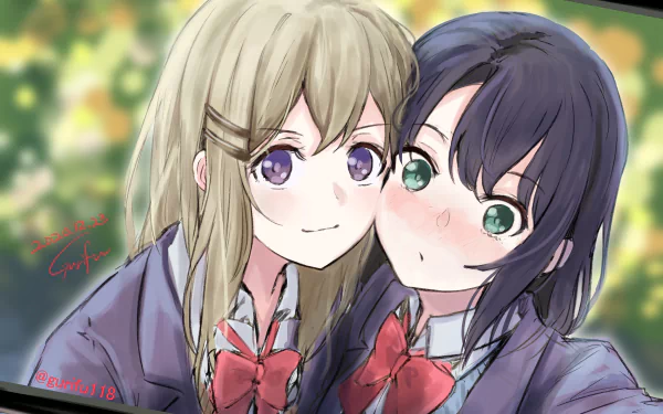 HD anime desktop wallpaper featuring Hougetsu Shimamura and Sakura Adachi from Adachi to Shimamura, depicted in a close, warm moment with soft background lighting.