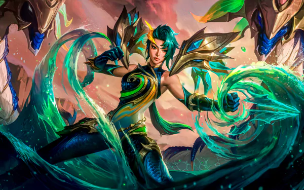 Kai'Sa from League of Legends in dynamic action, rendered in vivid colors as an 8K Ultra HD PC desktop wallpaper and background.