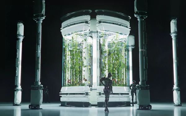 A futuristic sci-fi structure featuring a transparent cylindrical chamber with lush greenery, surrounded by sleek pillars, creating a striking HD desktop wallpaper and background.