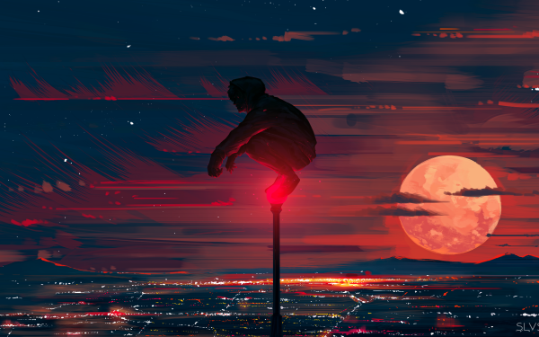 Anime Boy Moon Cityscape HD Wallpaper | Background Image
